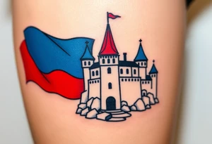 A Czech flag (blue, white up, red down) waving behind a medieval castle tattoo idea