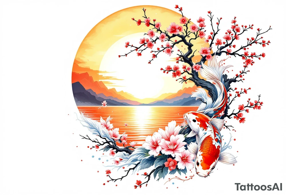 Koi fish, and cherry blossom tree, beautiful sunset in background tattoo idea