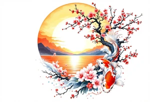 Koi fish, and cherry blossom tree, beautiful sunset in background tattoo idea