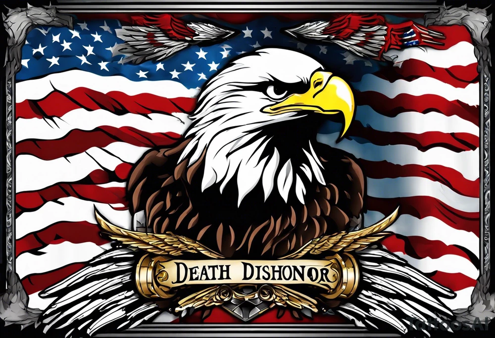 tattoo featuring an American eagle, 

add the words "Death Before Dishonor" on a scroll or something, add a sword or knife 

bottom left is closest, background filling not needed. 

use the Eagle style face of the bottom right

left hand side drawings are great, add a in the Eagles talons, remove background

this is looking really good, but black and white tattoo idea