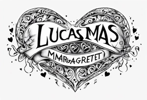 A black heart with the words Lucas and Margaret inside of it tattoo idea