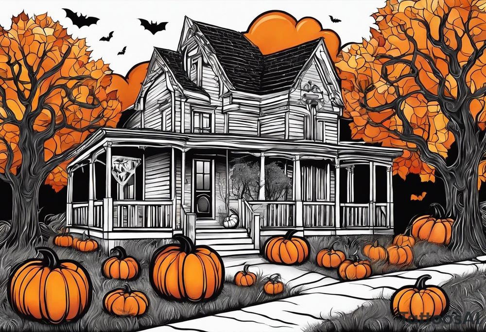 Midwestern street in fall with Halloween pumpkin tattoo idea