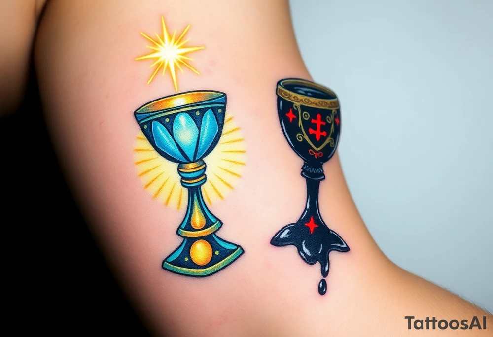 A radiant, holy grail, glowing with soft blues and golds, surrounded by soft rays of light, opposed to a dark chalice, dripping black liquid, with red glowing symbols and a menacing aura, symbolizing a search for purity and a thirst for darkness. tattoo idea