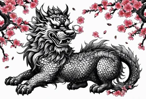 Japanese dragon, foo dog, cherry blossoms, full sleeve tattoo idea