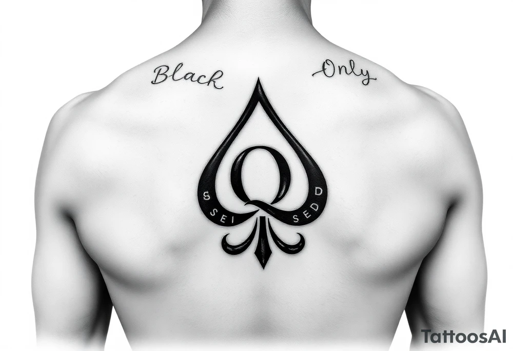 A spade womb tattoo with a Q in the center, with three points around the outside. The first reading, "BLACK". The second reading, "SEED". The third reading, "ONLY". tattoo idea