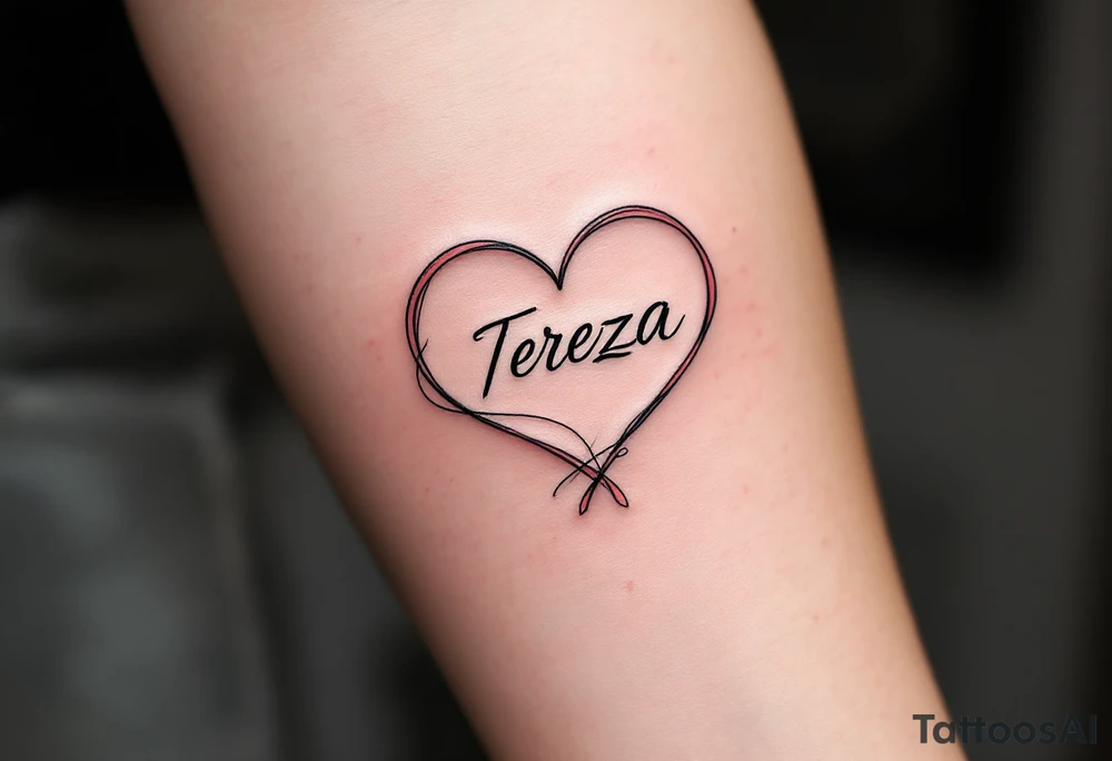 A delicate, outline heart with a flowing ribbon, containing the name "Tereza" in elegant cursive, with soft pastel pink and gold accents. tattoo idea