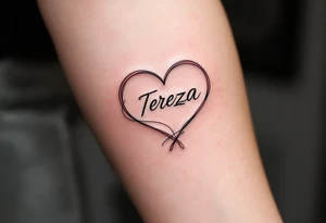 A delicate, outline heart with a flowing ribbon, containing the name "Tereza" in elegant cursive, with soft pastel pink and gold accents. tattoo idea