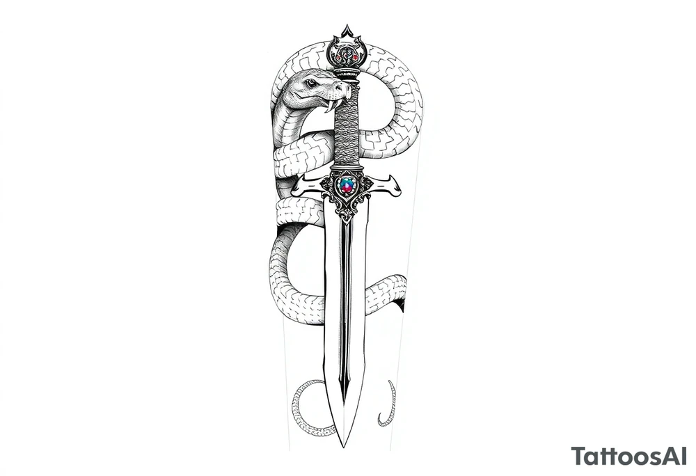 mystical snake coiled around an ancient dagger with jeweled hilt tattoo idea