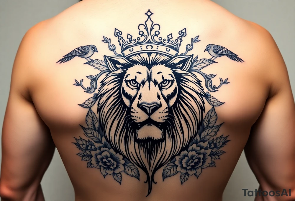 powerful majestic lion with a crown, surrounded by floral ornaments and birds tattoo idea