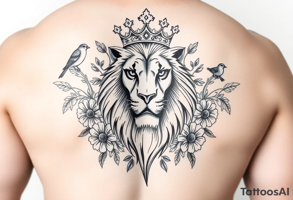 powerful majestic lion with a crown, surrounded by floral ornaments and birds tattoo idea
