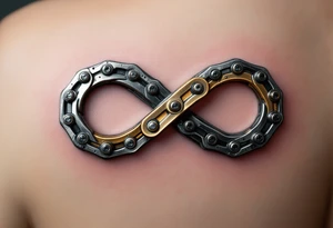 A bicycle chain forming the infinity symbol, in metallic silver and gold, symbolizing endless cycles and eternal connections. tattoo idea