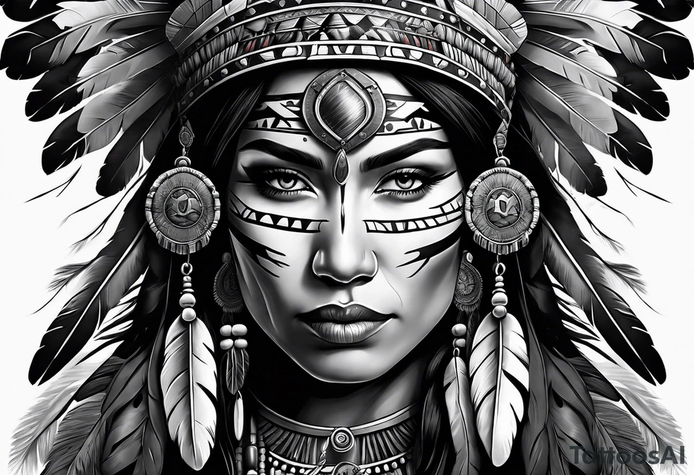 Native American woman chief with skulls tattoo idea