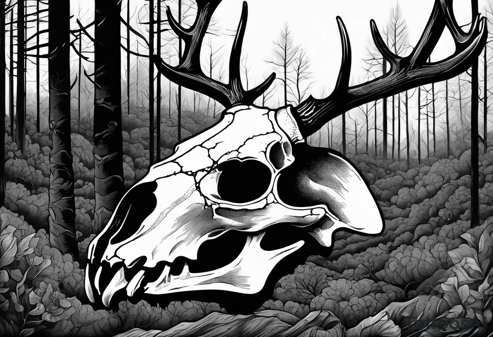 A SCARY side view of a decayed deer skull NO SKIN JUST BONE surrounded by a forest fire in background tattoo idea