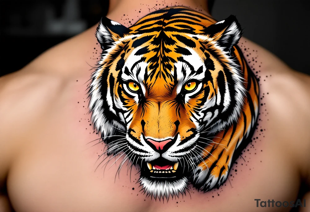 A mid-pounce tiger with piercing yellow eyes, fur detailed in deep orange, white, and jet black stripes include shadows as well tattoo idea