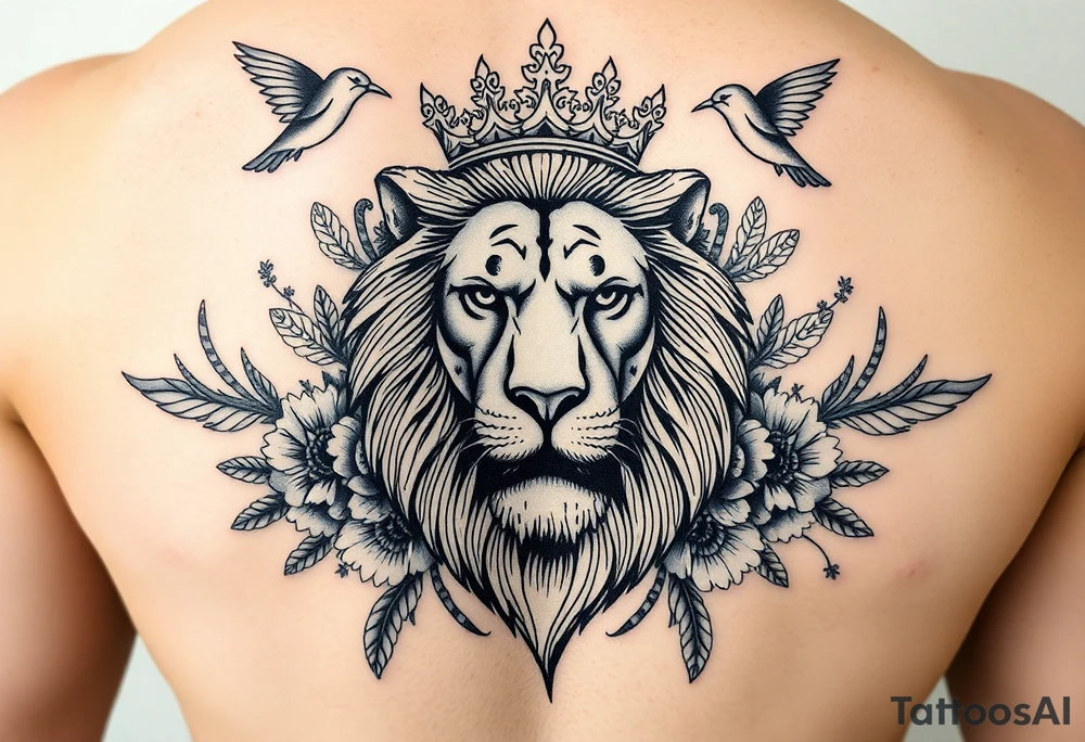 powerful majestic lion with a crown, surrounded by floral ornaments and birds tattoo idea
