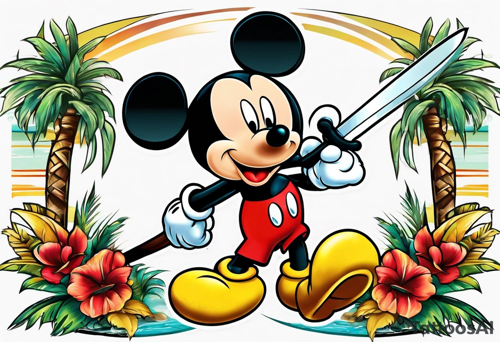 mickey mouse holding sword with palm trees tattoo idea
