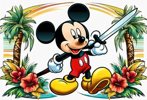 mickey mouse holding sword with palm trees tattoo idea