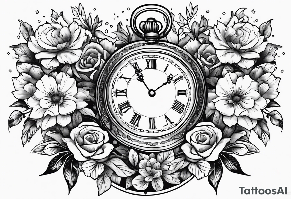 Open Hinged pocket watch surrounded with flowers in remembrance of a deceased friend tattoo idea