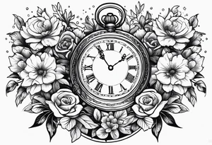 Open Hinged pocket watch surrounded with flowers in remembrance of a deceased friend tattoo idea