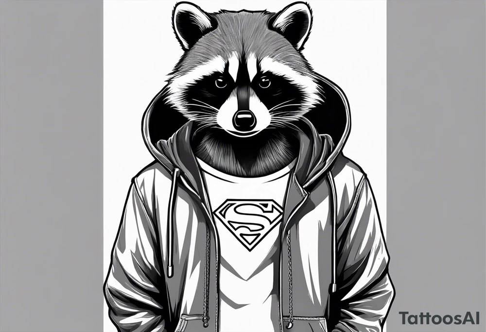 raccoon wearing a Superman hoodie tattoo idea