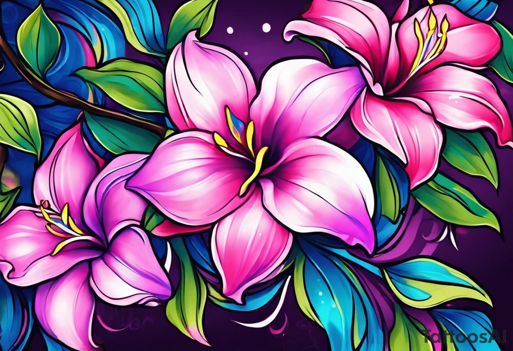 brushstroke abstract pink, purple, and blue mandevilla flowers on a vine, with color leaking out into the background. SOme of the flowers should be full color, and some just linework. It should have a handdrawn, sketch feel. tattoo idea