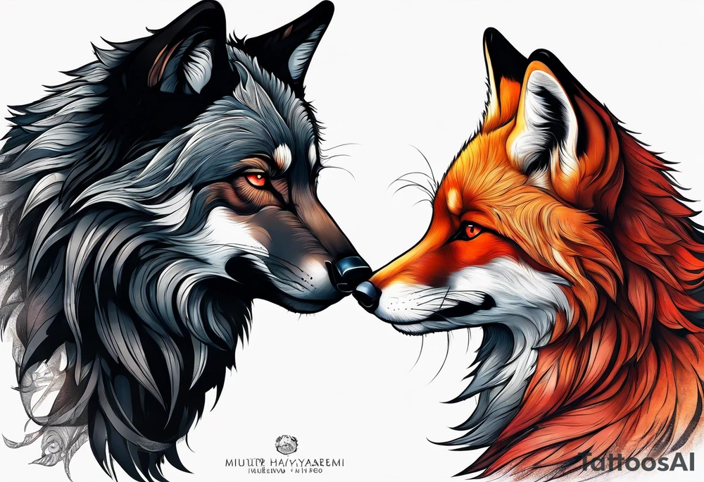 Black wolf and red fox nuzzling tattoo idea