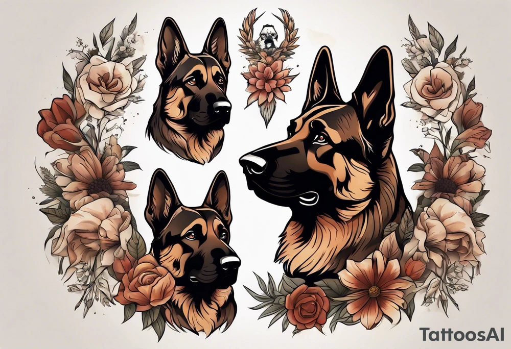 Dark Brown female German shepherd portrait surrounded by flowers tattoo idea