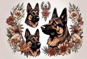 Dark Brown female German shepherd portrait surrounded by flowers tattoo idea