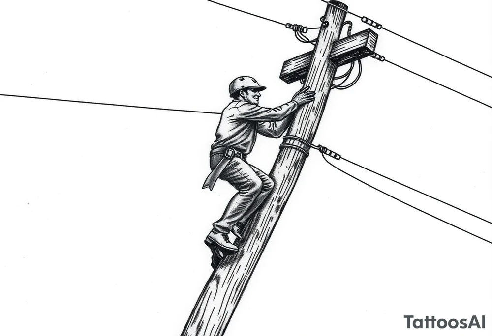 power lineman climbing a wooden 12kv pole. Make the pole a cross that has a hidden resemblance to god. tattoo idea