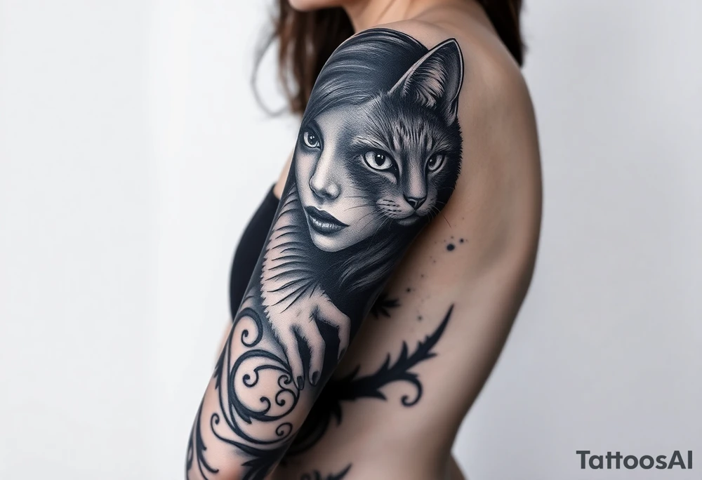 women portrait face with cat gothic tattoo idea