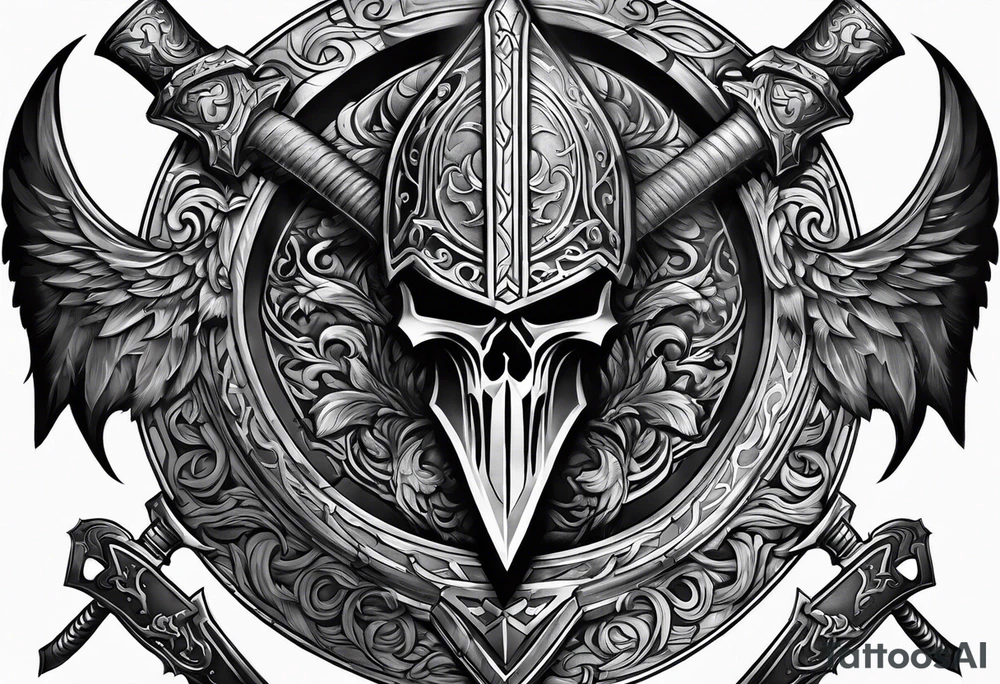 Valhalla sword shield axe mist fog tattoo idea