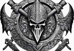 Valhalla sword shield axe mist fog tattoo idea