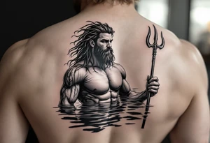 young, fit poseidon in calm water, holding a trident, holding a beer, looking at the horizon tattoo idea