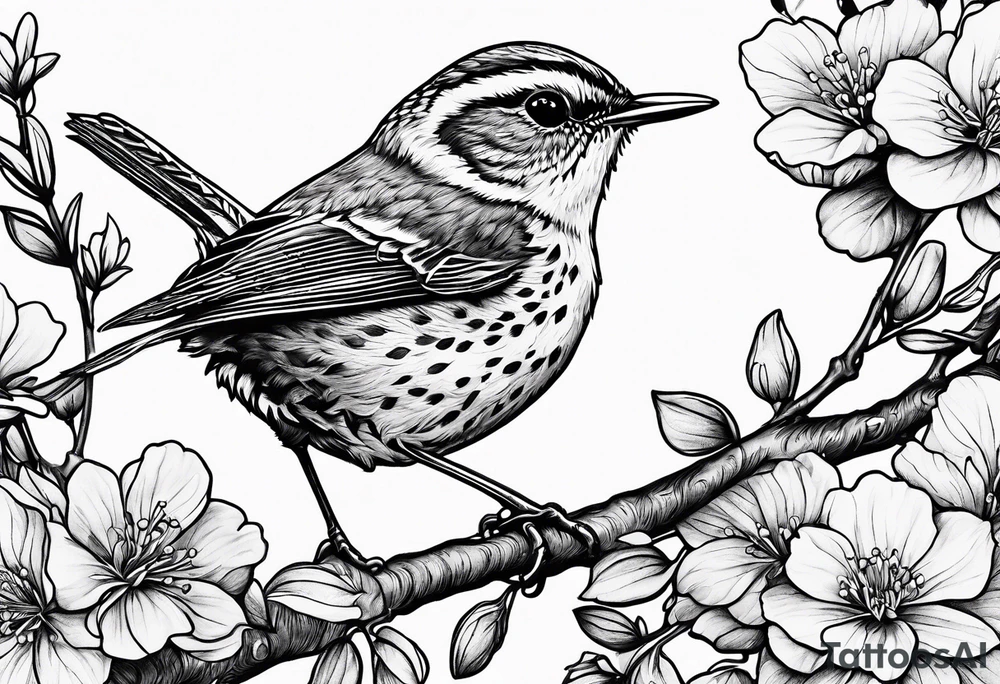 Create a delicate tattoo of a wren nestled among blossoms, highlighting its small size and charming features tattoo idea