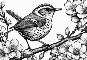 Create a delicate tattoo of a wren nestled among blossoms, highlighting its small size and charming features tattoo idea