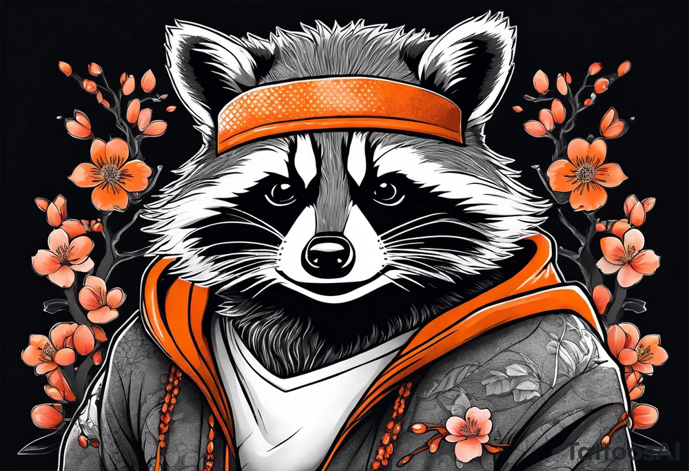 Raccoon wearing a white Superman logo on a black hoodie and orange Japanese cherry blossoms beside tattoo idea