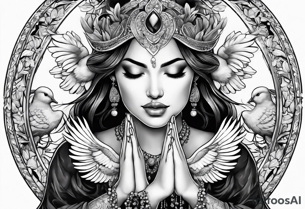 Woman praying hands with doves, full sleeve tattoo idea