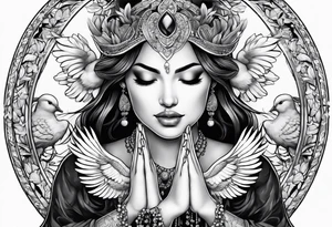 Woman praying hands with doves, full sleeve tattoo idea