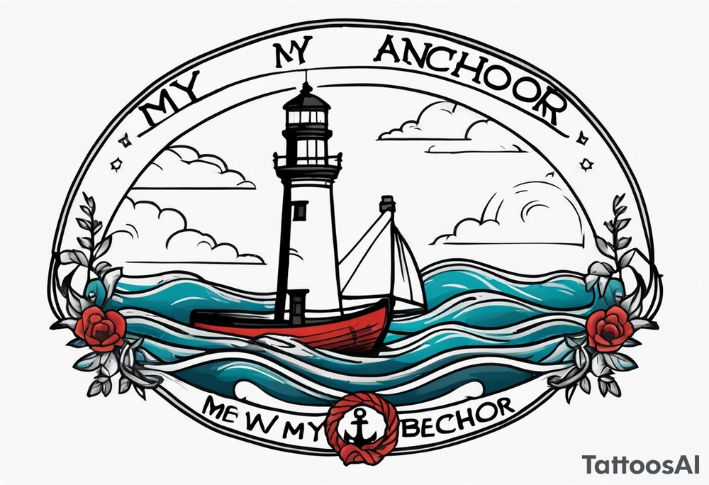Lighthouse and anchor that says "MY BEACON, MY ANCHOR" tattoo idea