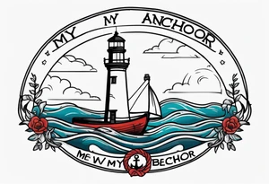 Lighthouse and anchor that says "MY BEACON, MY ANCHOR" tattoo idea