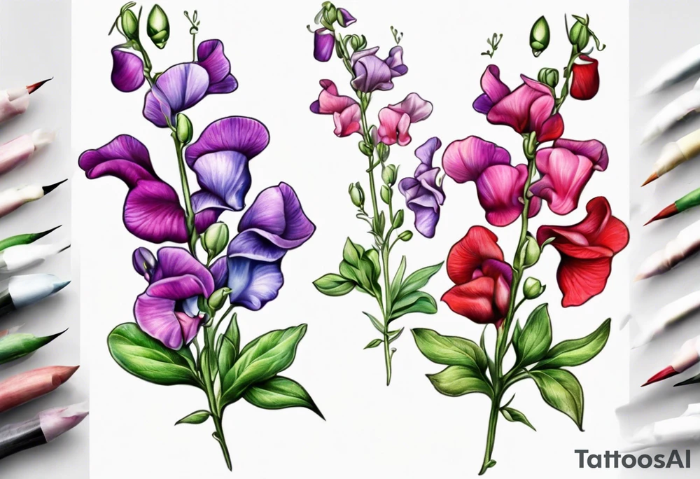 sweet pea flowers, multi color tattoo idea