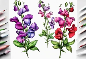 sweet pea flowers, multi color tattoo idea