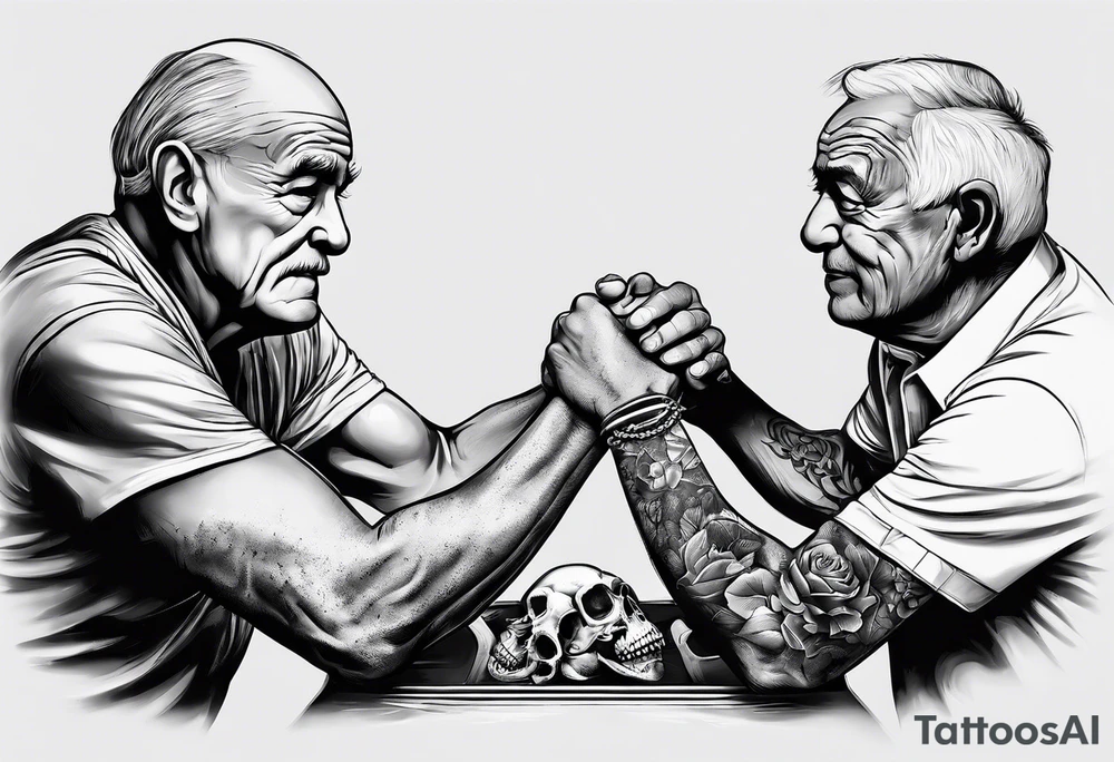 old man in cloake arm wrestling with a skeleton tattoo idea