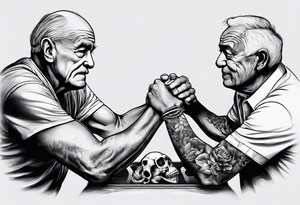 old man in cloake arm wrestling with a skeleton tattoo idea