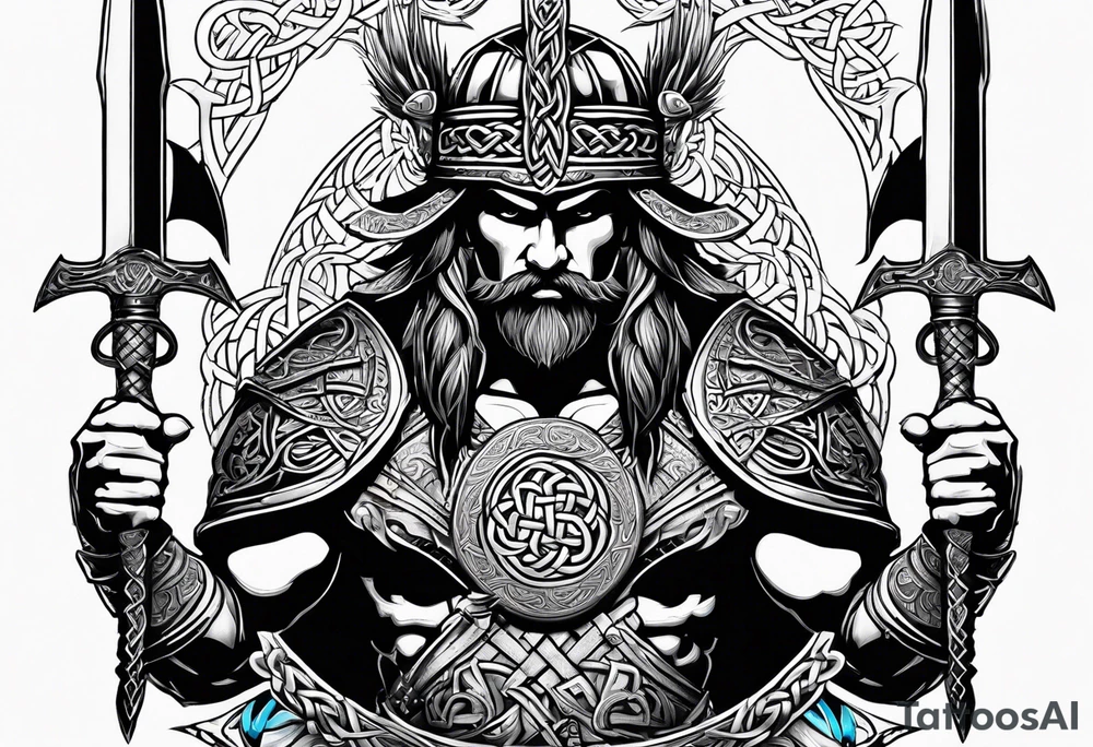 full shot of a Celtic warrior with weapons unsheathed tattoo idea