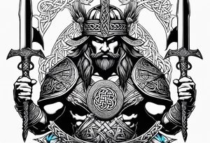 full shot of a Celtic warrior with weapons unsheathed tattoo idea