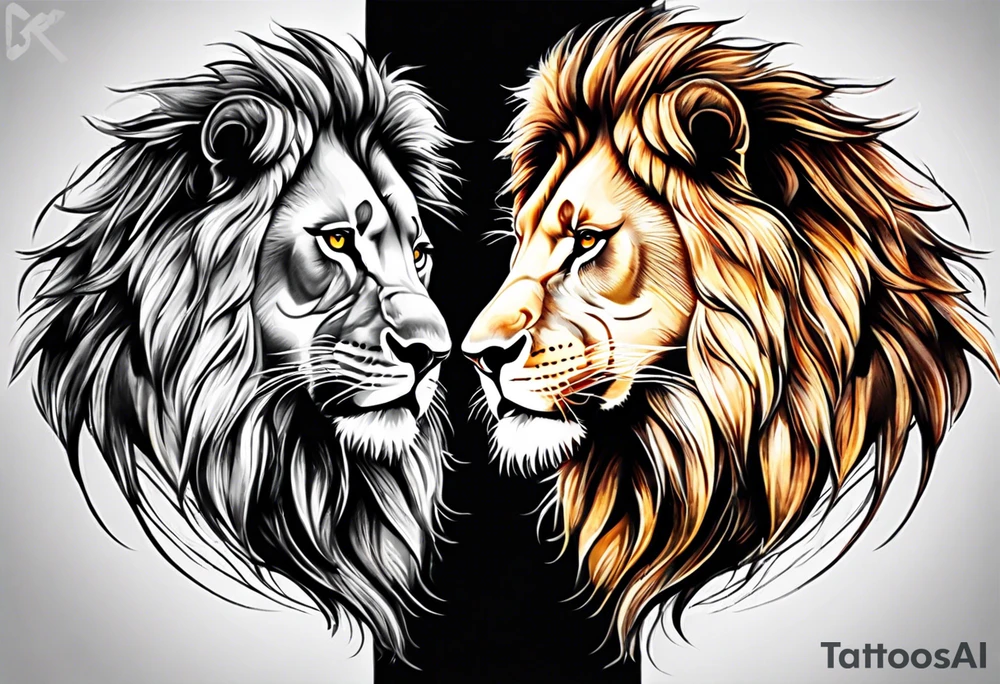 Realistic lion and lioness 
bonding tattoo idea