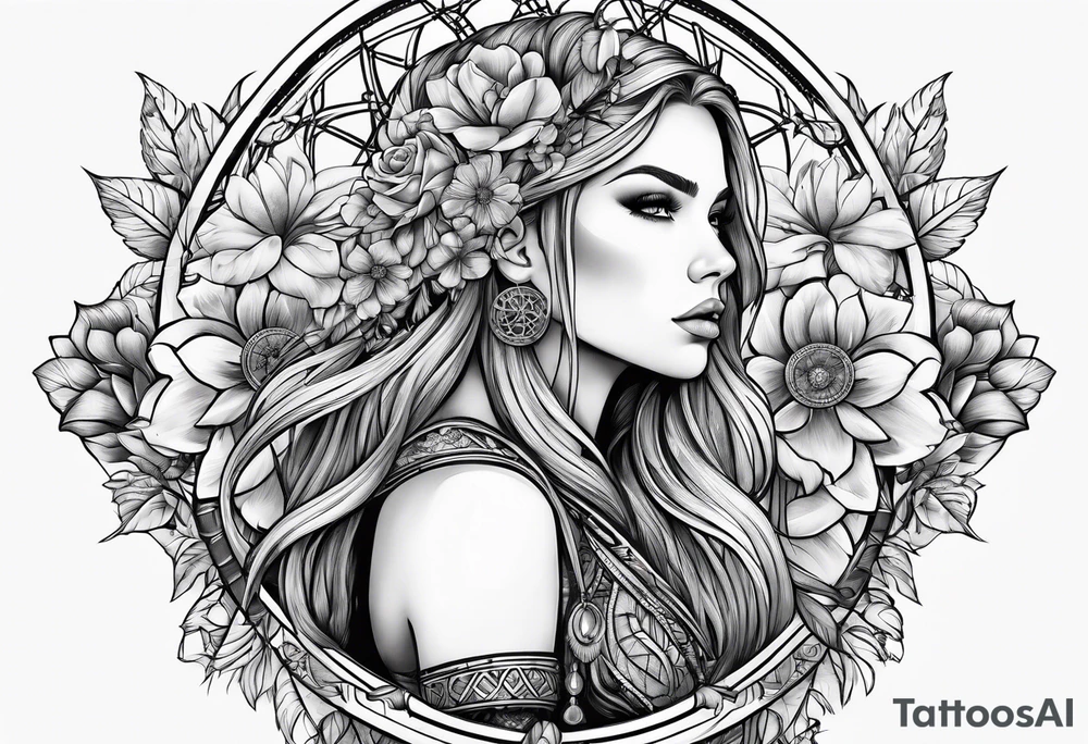 Viking girl, flowers, dream catcher, tattoo idea