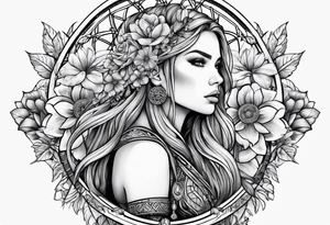 Viking girl, flowers, dream catcher, tattoo idea