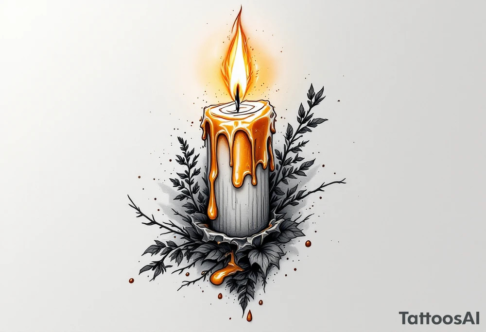 A 3D burning candle with melting wax, dripping down the skin in soft ivory and golden light, symbolizing love’s eternal flame. tattoo idea